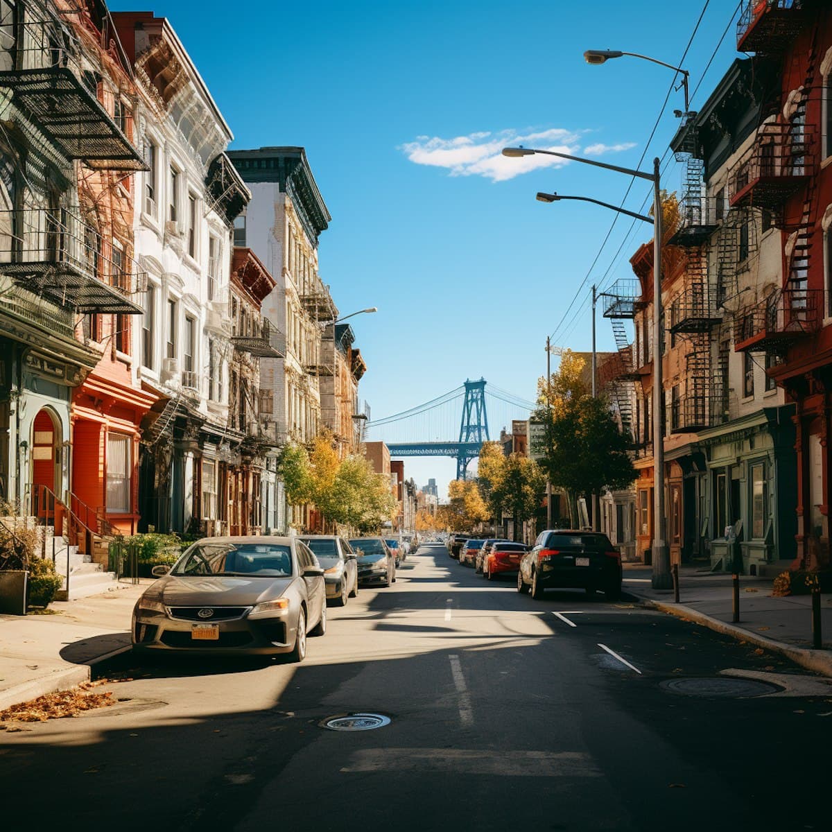 Autumnal Day on Historic Urban Street with Suspension Bridge